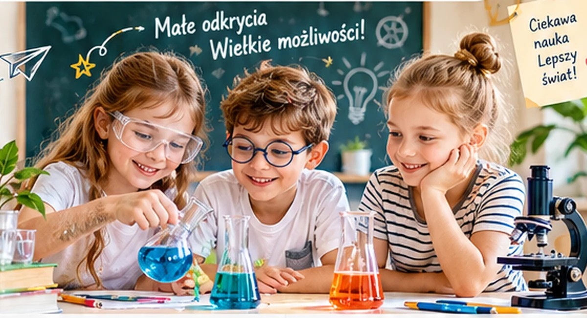 Dzieci z zainteresowaniem wykonują doświadczenie naukowe w szkolnej pracowni