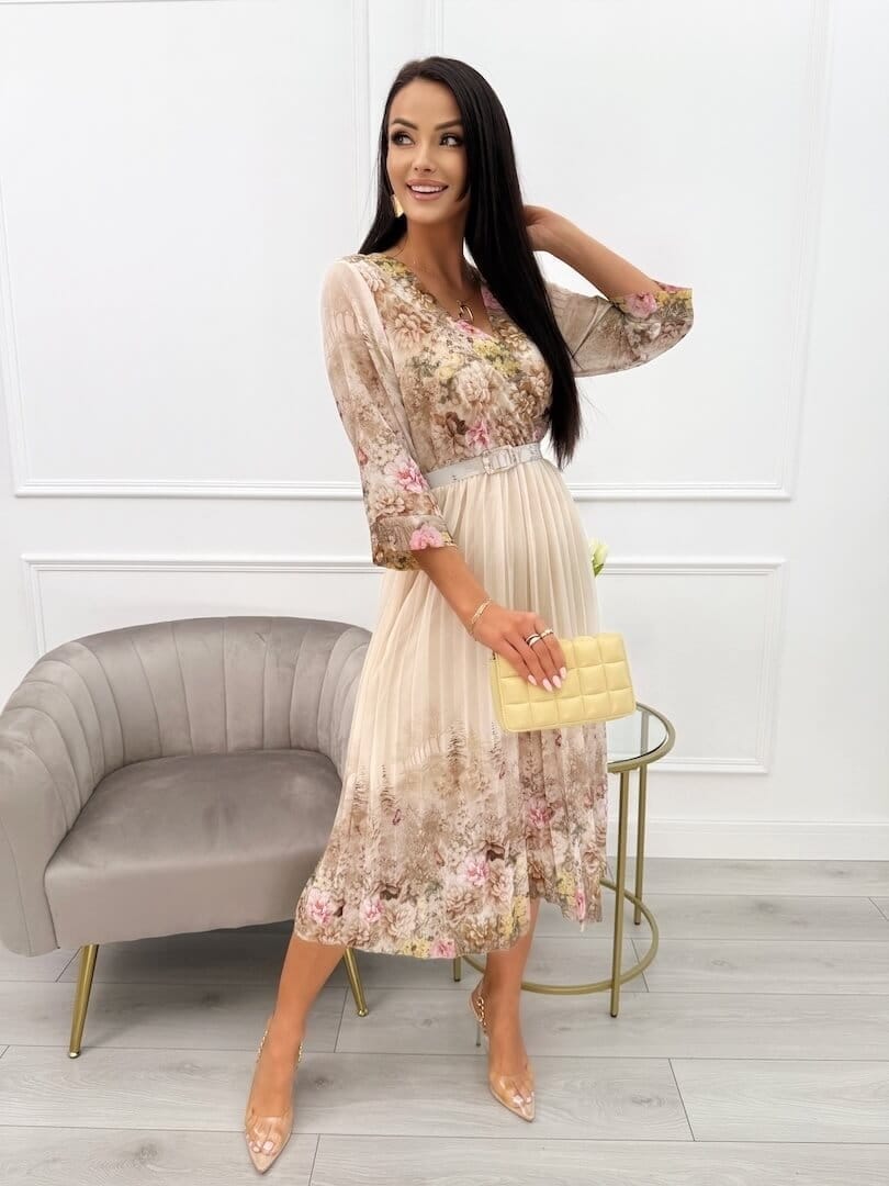 sukienka beżowa wiosenna w kwiaty 13913-364-A Modnakiecka